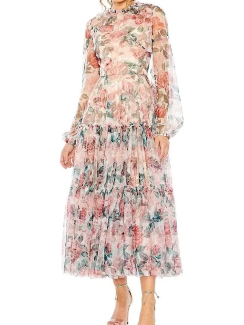 Mac Duggal White Multi Floral Chiffon Balloon-Sleeve Midi-Dress